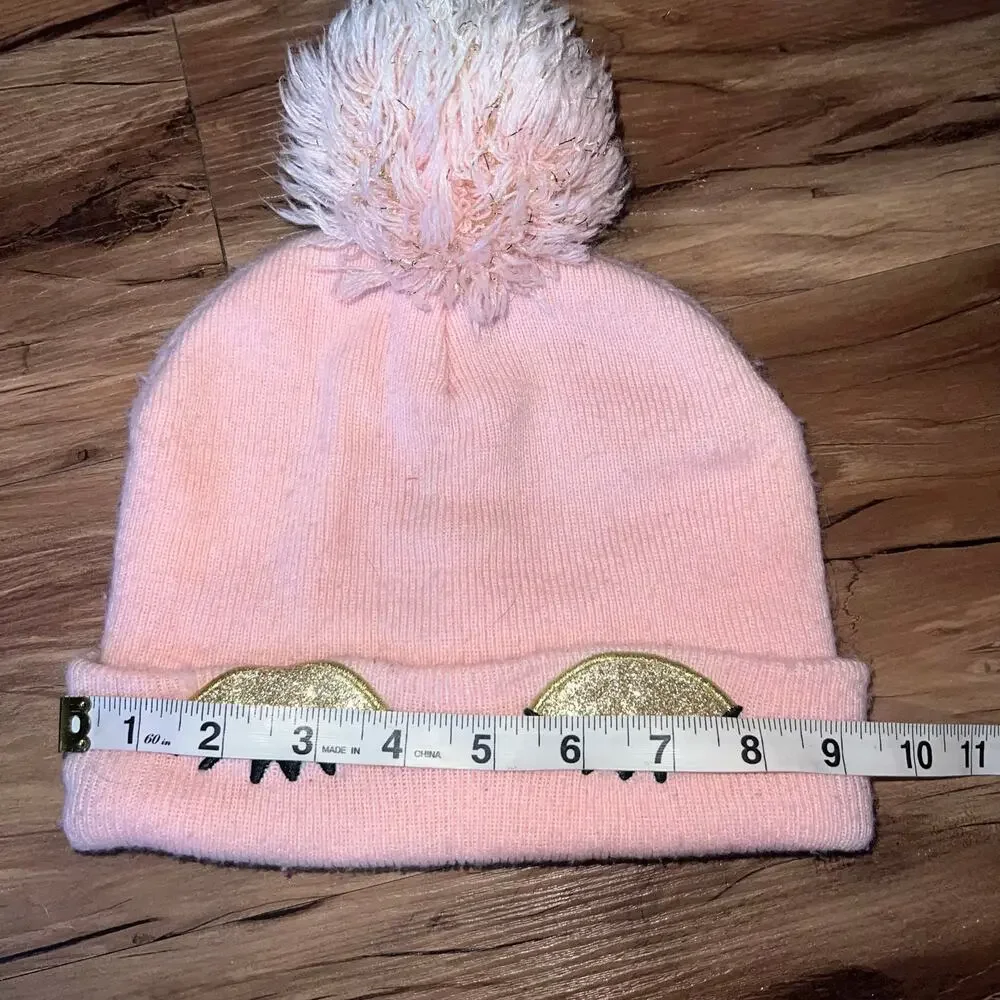 Girls Pink Pom-Pom Eyelash Beanie – One Size